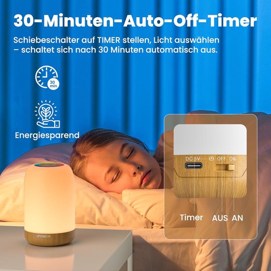 LED Nachtlampje - Touch Dimbaar met 256 RGB Kleuren, 4 Lichtstanden, Draadloze USB-Oplaadbare Tafellamp met Timer en Haak, Houtlook, Draagbaar voor Slaapkamer, Woonkamer en Kinderkamer — afbeelding 4