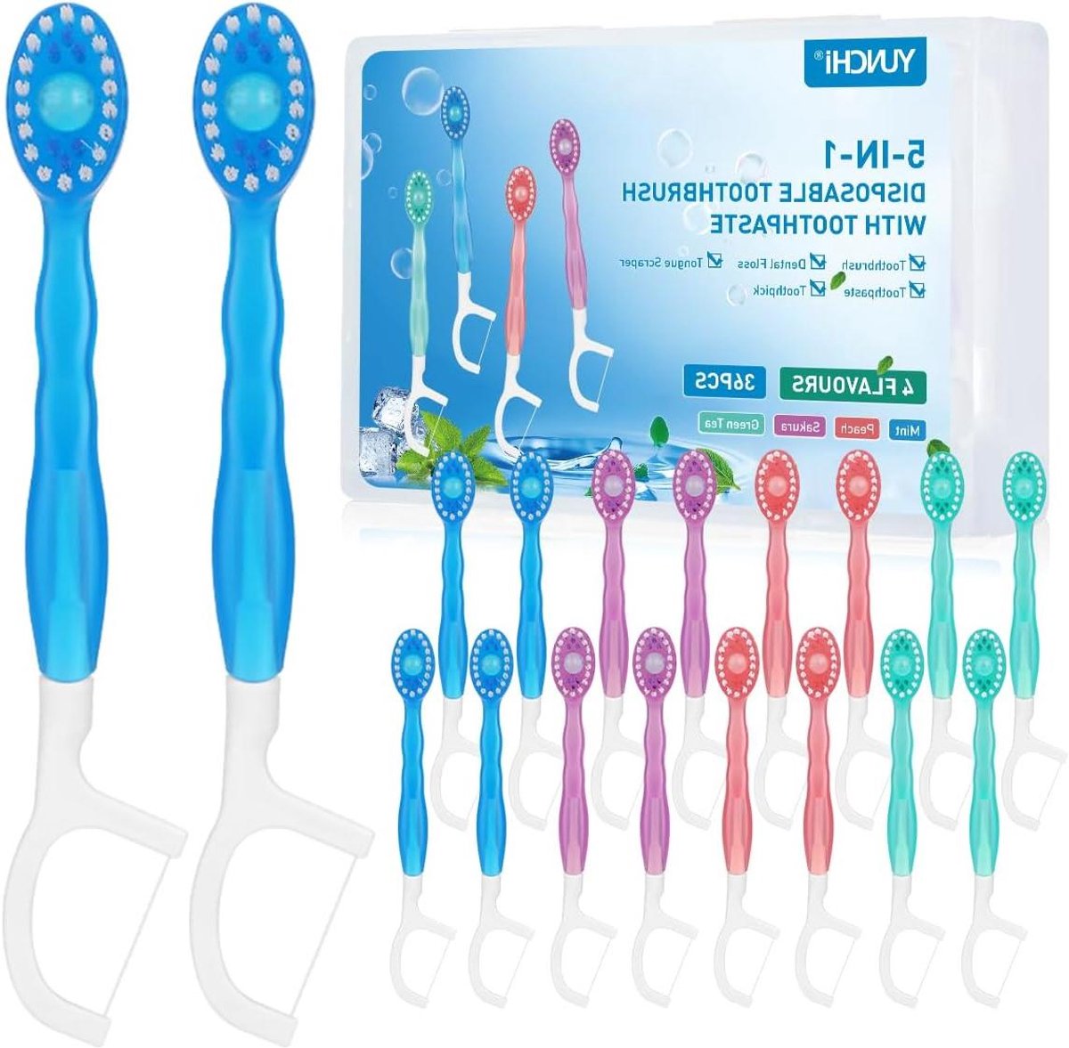 Wegwerp Tandenborstels - Reis Tandenborstels - Complete Mondverzorging - 5-in-1 Functies - 36 Stuks - Multi-Flavor