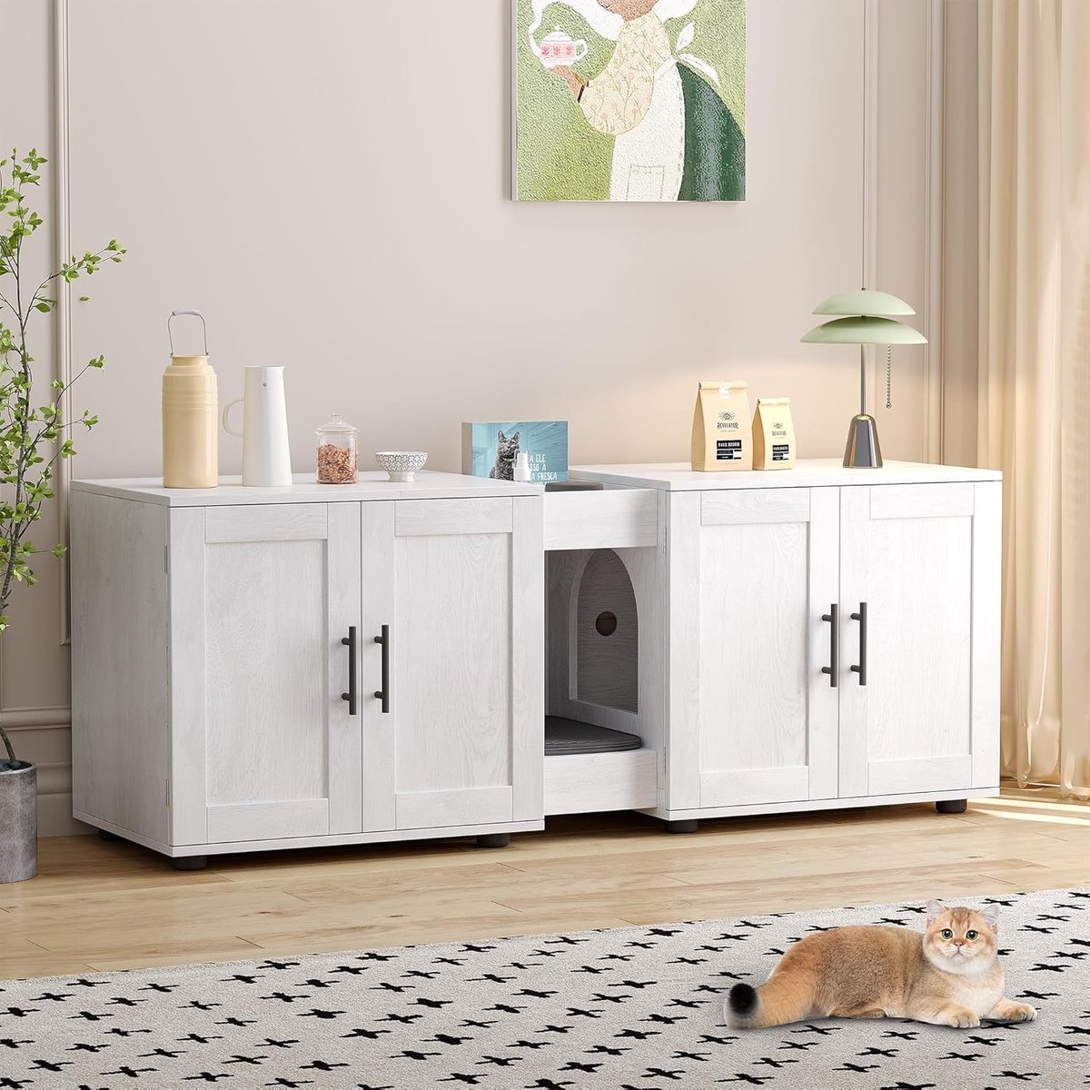 Houten Kattenbakkast voor 2 Katten - Dubbele Kattenbak Ommeubeling - Wit Kattenhuis en Dressoir met Uitloopmat & Opbergvak - 140 x 45 x 57 cm