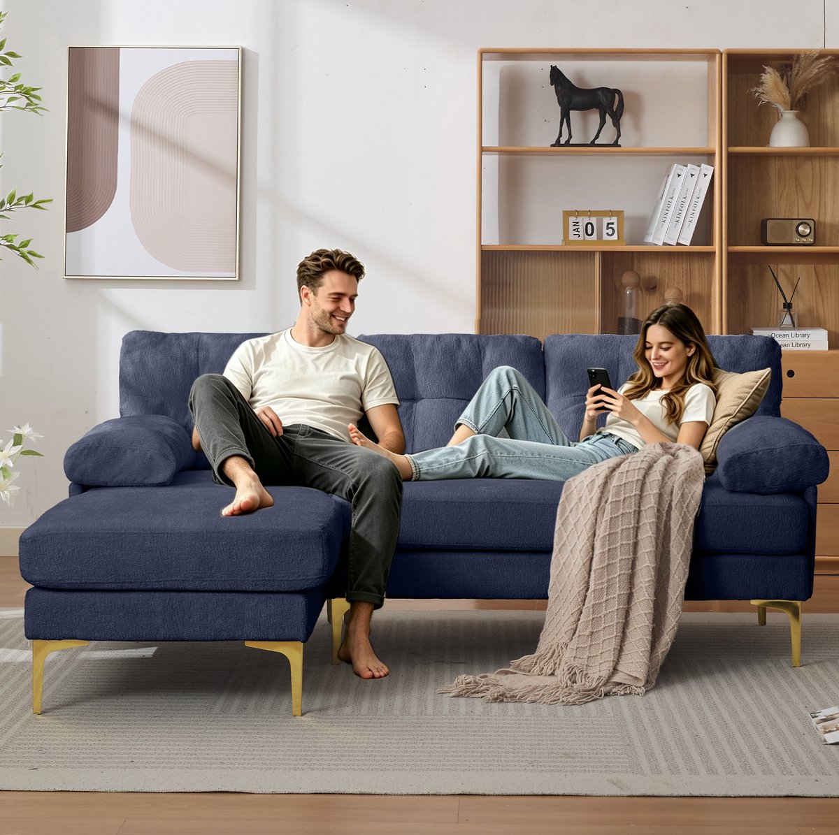 MIVRAY Hoekbank 187,5 Cm - Omkeerbare Chaise Longue Met Gepolsterde Armleuningen - Voor Woonkamer - Chenille Stof - Blauw