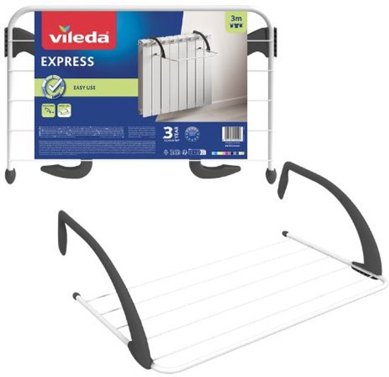 Etendoir blanc Vileda Express avec crochets gris, 3m de longueur de séchage.