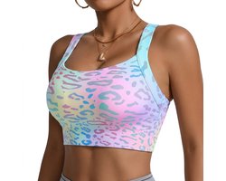 Gemengde kleur sport bh dames pastel leopard print cropped top naadloze sport top brede bandjes stretchy fitness bh ademend yoga top casual sport kleding L