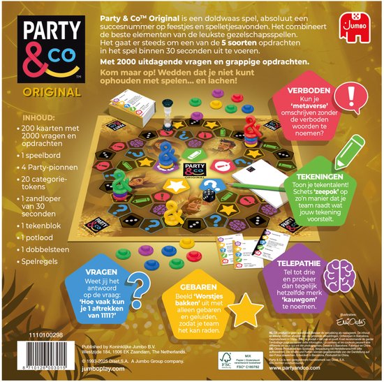 Het bordspel Party & Co Original met speelveld, pionnen, fiches, kaarten, potlood en zandloper. De spelregels staan in de afbeelding.