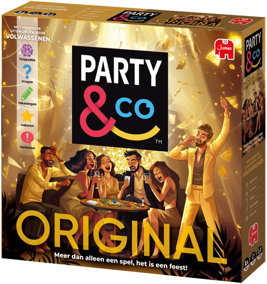 Doos van het spel Party & Co Original, met een afbeelding van feestende mensen en gouden confetti. "Party & Co Original" en "Meer dan alleen een spel, het is een feest!" staan op de doos.