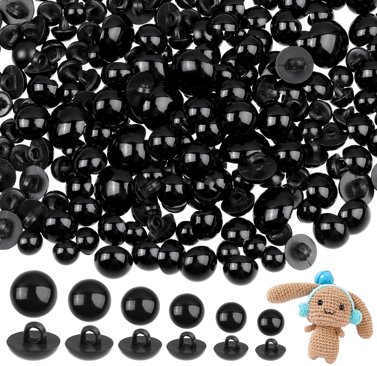 128 stuks gehaakte ogen voor dieren naaien veiligheidsogen naaien knutselogen plastic paddenstoel koepelvormige ronde knoppen zwart 8mm tot 15mm platte knop kralen voor doe-het-zelf beer haken maken