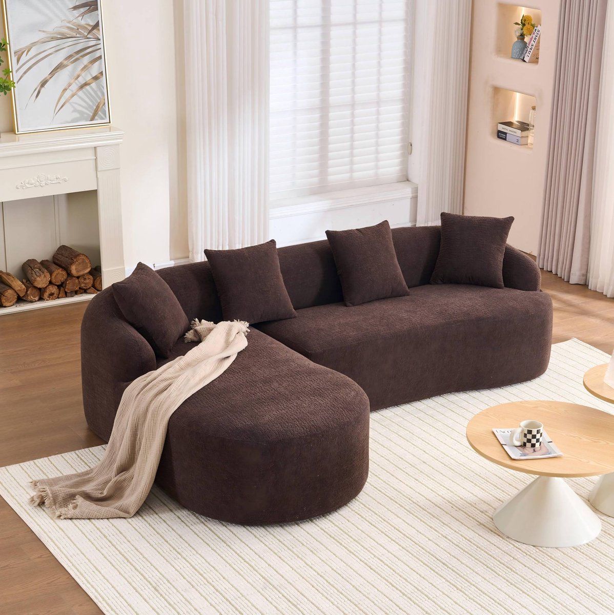 FloraGrace Hoekbank - 3-Zits L-Vormige Bank Met Linker Chaise Longue - Gebogen Design Voor Woonkamer Of Kantoor - Chenille - Bruin