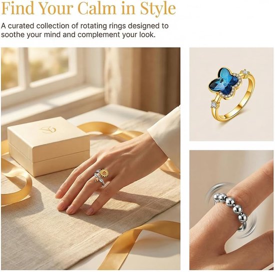 6PCS Angst Ring voor Vrouwen, Zilveren Fidget Ring voor Tienermeisjes, Verstelbare Open Spinner Ringen voor Angst Vrouwen Dochter, Verstelbare Fidget Ring voor Anti-Stress - Star Moon Finger Spinner — afbeelding 3