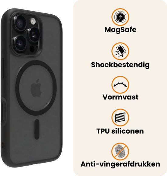 Zwarte, MagSafe-compatibele telefoonhoes, schokbestendig, vormvast, TPU siliconen, anti-vingerafdrukken.