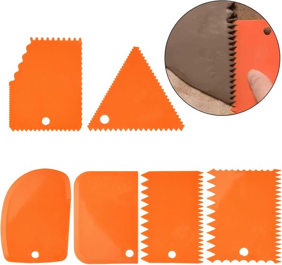 6-delige plastic kleikrabber, deegkrabber, taartkrabber, getande spatel, taartglansmiddel en deegspatelset voor het maken van taarten, gebak, glazuur en chocolade (oranje) — afbeelding 5