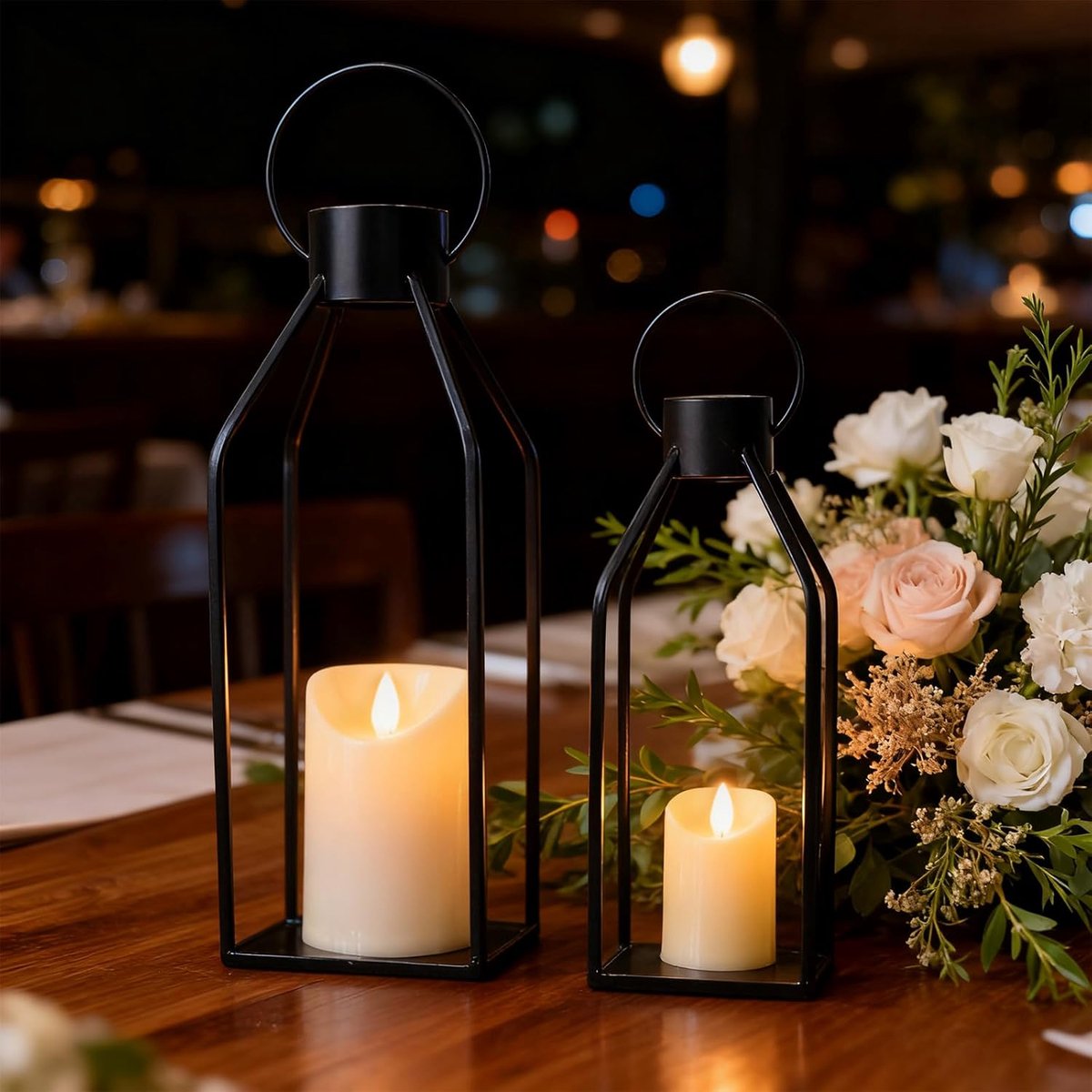 Lantaarns voor buiten, met led-kaarsen, tuinlantaarn, set van 2, 32 + 40 cm, roestvrij staal, decoratieve roestvrijstalen lantaarn, decoratieve lantaarns voor tafeldecoratie, bruiloft, Kerstmis (zwart