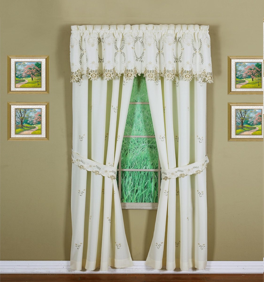 Curtain Verona Reverse Borduurwerk Venster Paneel Paar en Tiebacks, 84-Inch, Ecru/Antiek