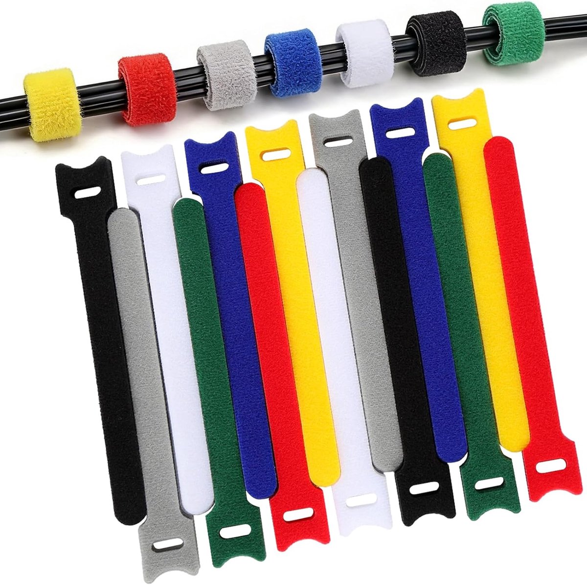 Verpakking van 70 katoenen kabelbinders met klittenband - 12 × 150 mm - T-vormig - Herbruikbaar - Verstelbaar - Geschikt voor computers, gamekabels, bureaus, enz. - Verkrijgbaar in 7 kleuren