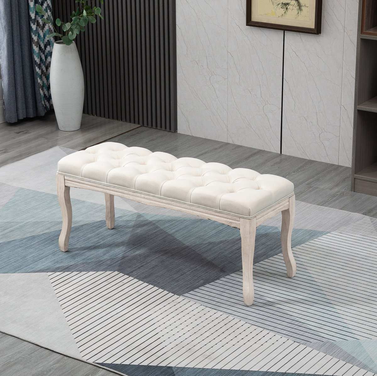 MEUNIQ bedbank 110 x 40 x 48 cm met gecapitonneerde zitting, linnenlook bekleding en rubberhouten frame, bankje voor slaapkamer, woonkamer of hal in beige