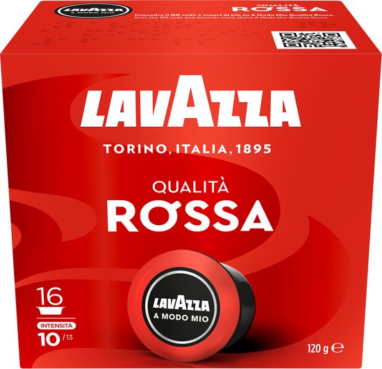 Rode Lavazza verpakking met "Qualità Rossa" en "Torino, Italia, 1895". Bevat 16 capsules met intensiteit 10/13.