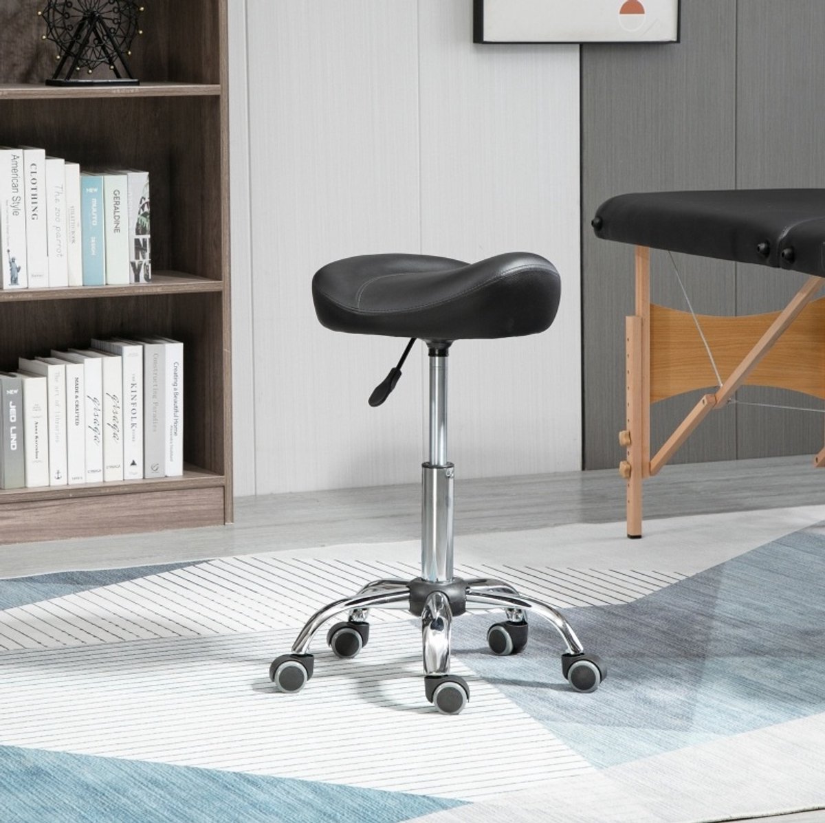 MEUNIQ Bureaukruk verstelbaar in hoogte 54-69 cm met 5 wielen en 360° draaibare zitting, kunstleer, zwart, voor salon, tattoo-studio en massage