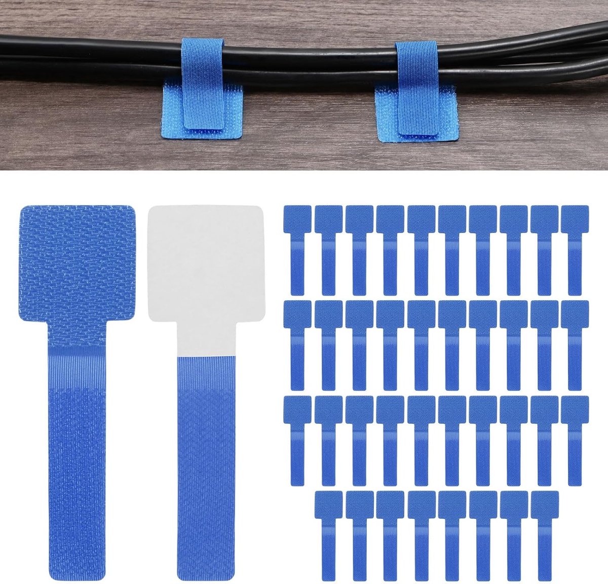 40 blauwe kabelbinders met klittenband - 9 × 2,8 cm - Gemakkelijk te gebruiken - Verbeterde kleeflaag - Geschikt voor kabelbeheer op bureaus, in huis, aan de muur of op kantoor
