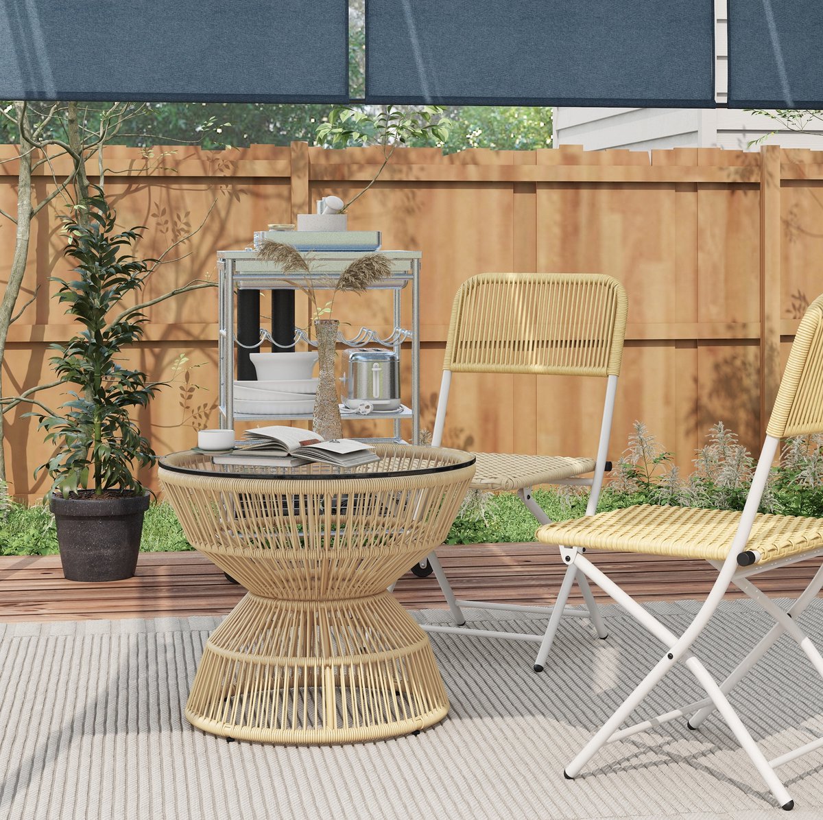 MEUNIQ bijzettafel voor buiten rond Ø60 cm met gehard glazen tafelblad, PE-rattan en metalen frame, boho tuintafel voor balkon of terras, naturel