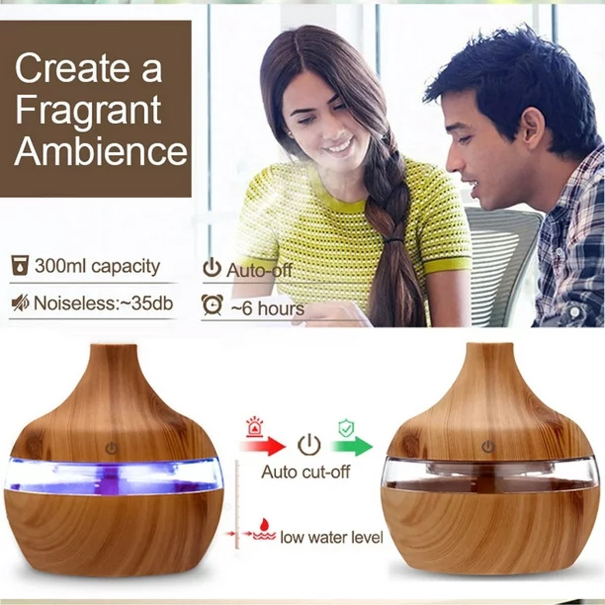 Aroma-diffuser voor etherische oliën met LED-verlichting - Luchtbevochtiger (300 ml) — cadeau in Wonen & Interieur - foto 2