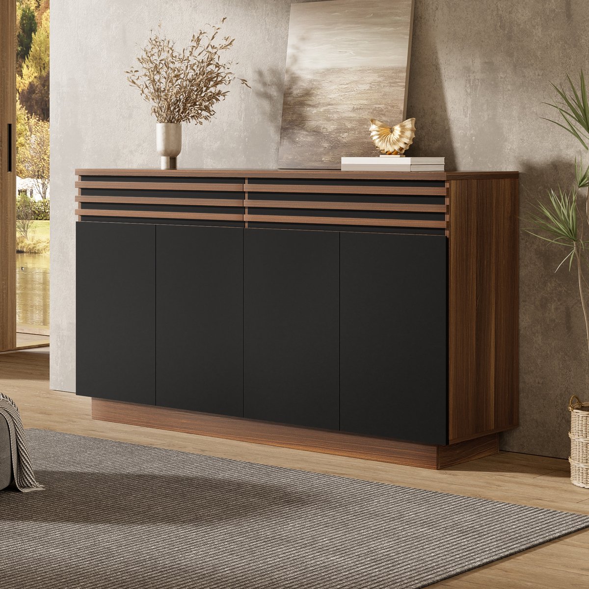 MIVRAY Dressoir - Modern Opbergmeubel Met 4 Deuren En 2 Lades - Voor Woonkamer Eetkamer En Keuken - MDF - 150x40x85 Cm - Zwart Bruin