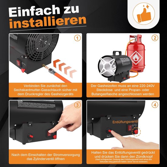 Gasverwarming - Warmtekanon Bouwverwarming - Ruimte Verwarmen - Dubbel Brandstof Compatibel - 10 kW - Zwart — afbeelding 2