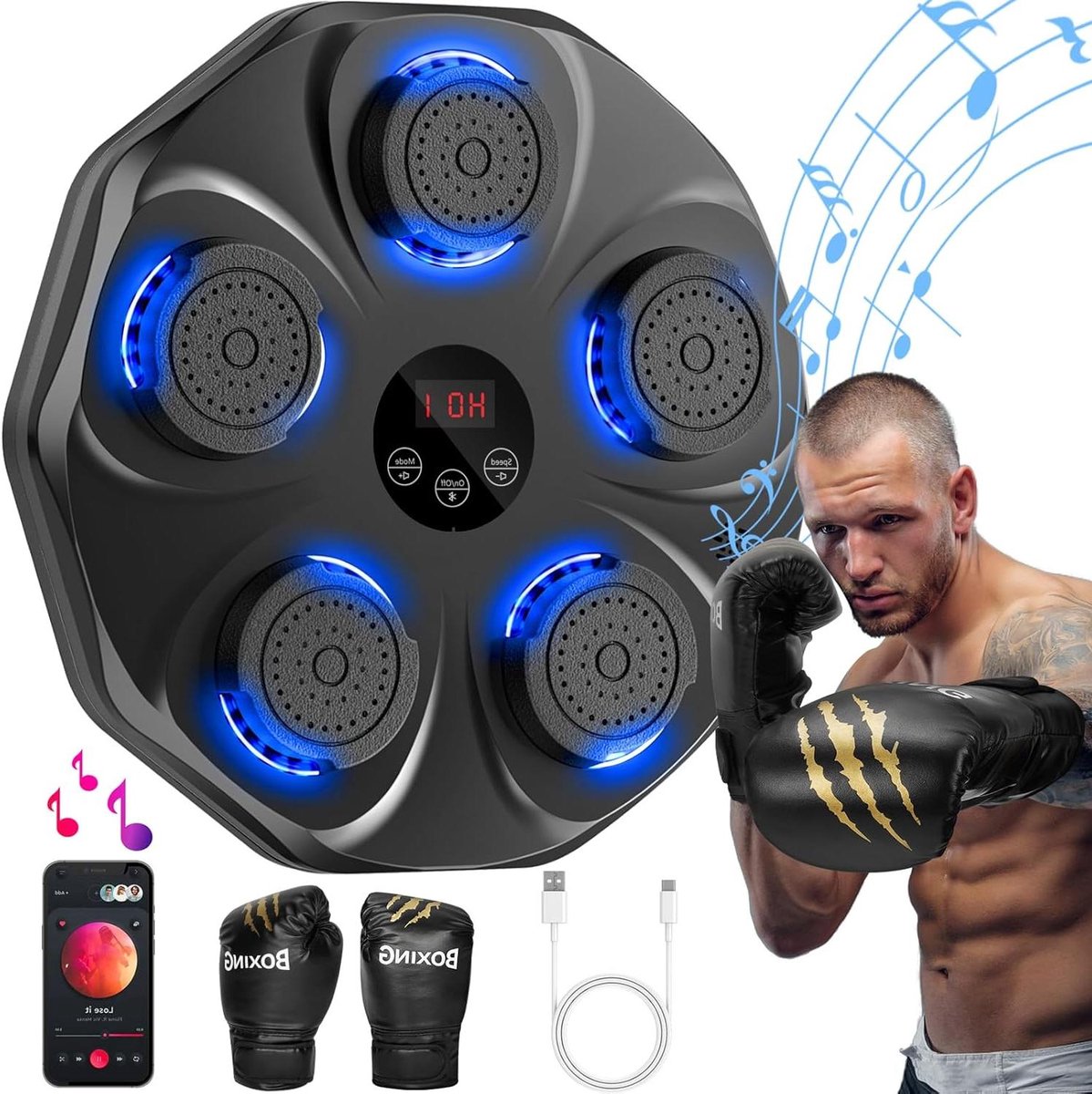 Muziek Boksmachine - Bokstrainer Wandmontage - Thuis Sporten - Interactieve LED Display - 44 x 44 cm - Zwart