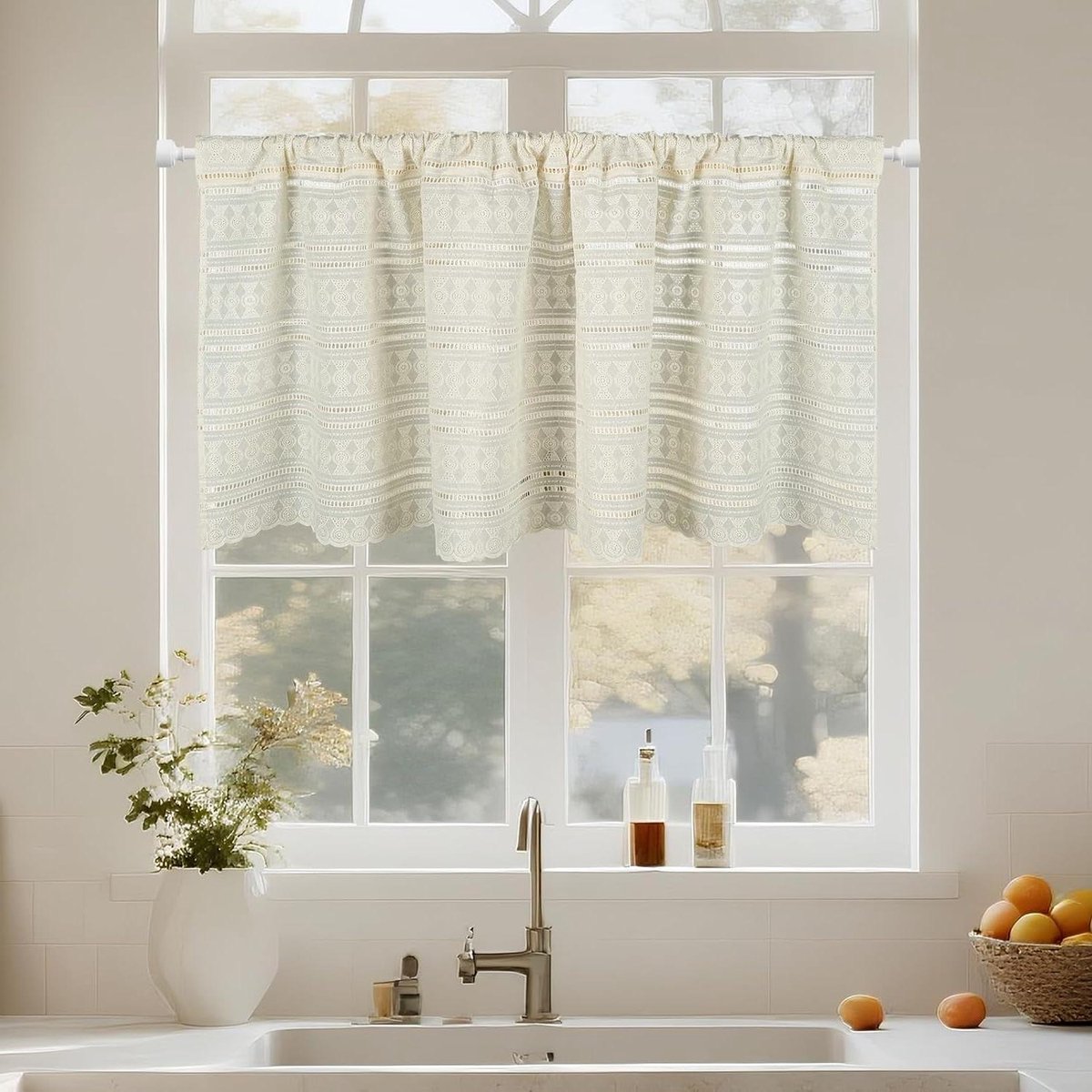 Vitrage Keukengordijn - Bistrogordijn Kort - Raamdecoratie - Gatwerk Design - 90 x 45 cm - Beige