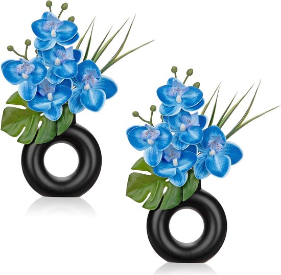 Mini Kunstorchideeën Set - Nepbloemen Vaas - Tafeldecoratie - Realistisch PU Materiaal - 25 cm Hoog - Blauw