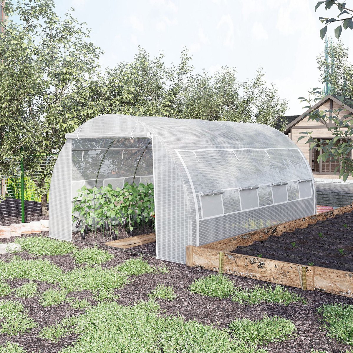 MEUNIQ foliekas 397 x 300 x 200 cm met 8 ramen, deur met rits, UV-bescherming en gegalvaniseerd stalen frame, tomatenkas voor tuin in wit