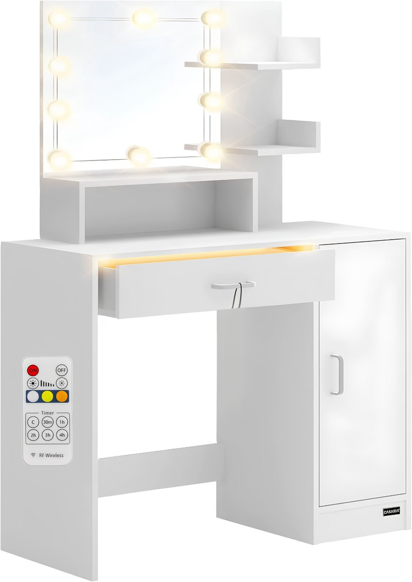 JCP® Kaptafel - 3 Planken - Kaptafel met Spiegel en Verlichting - Kaptafel met Spiegel - Wit - 40cm x 90cm x 140cm
