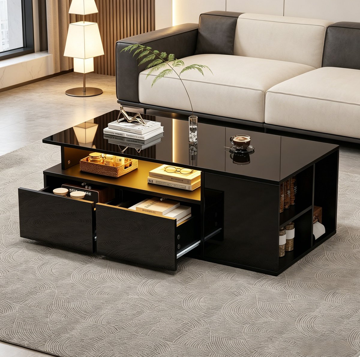 HAUSS SPOLE Salontafel Met Led Verlichting En 2 Lades Voor Woonkamer Met Opbergruimte Spaanplaat 100 X 50 X 35 Cm Zwart