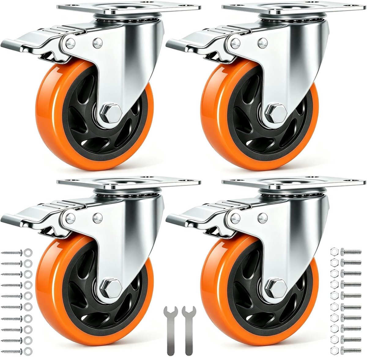 4 stuks meubelwielen met rem, 360° zware zwenkwielen met rem 100 mm, meubelrollen belastbaar tot 600 kg, meubelwielen zware wielen transportwielen voor meubels tafel rek trolley, tafel