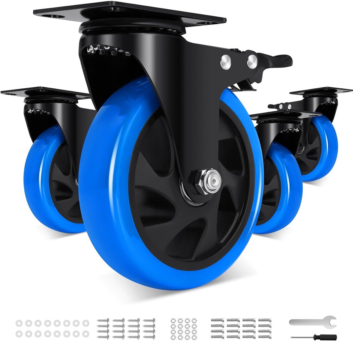 belastbare wielen, plat, 125 mm, met 4 dubbele remmen, draagvermogen 1000 kg, 360° draaibare zwenkwielen, meubelwielen, rubber, rustige & duurzame plaatwielen voor meubels, wagen