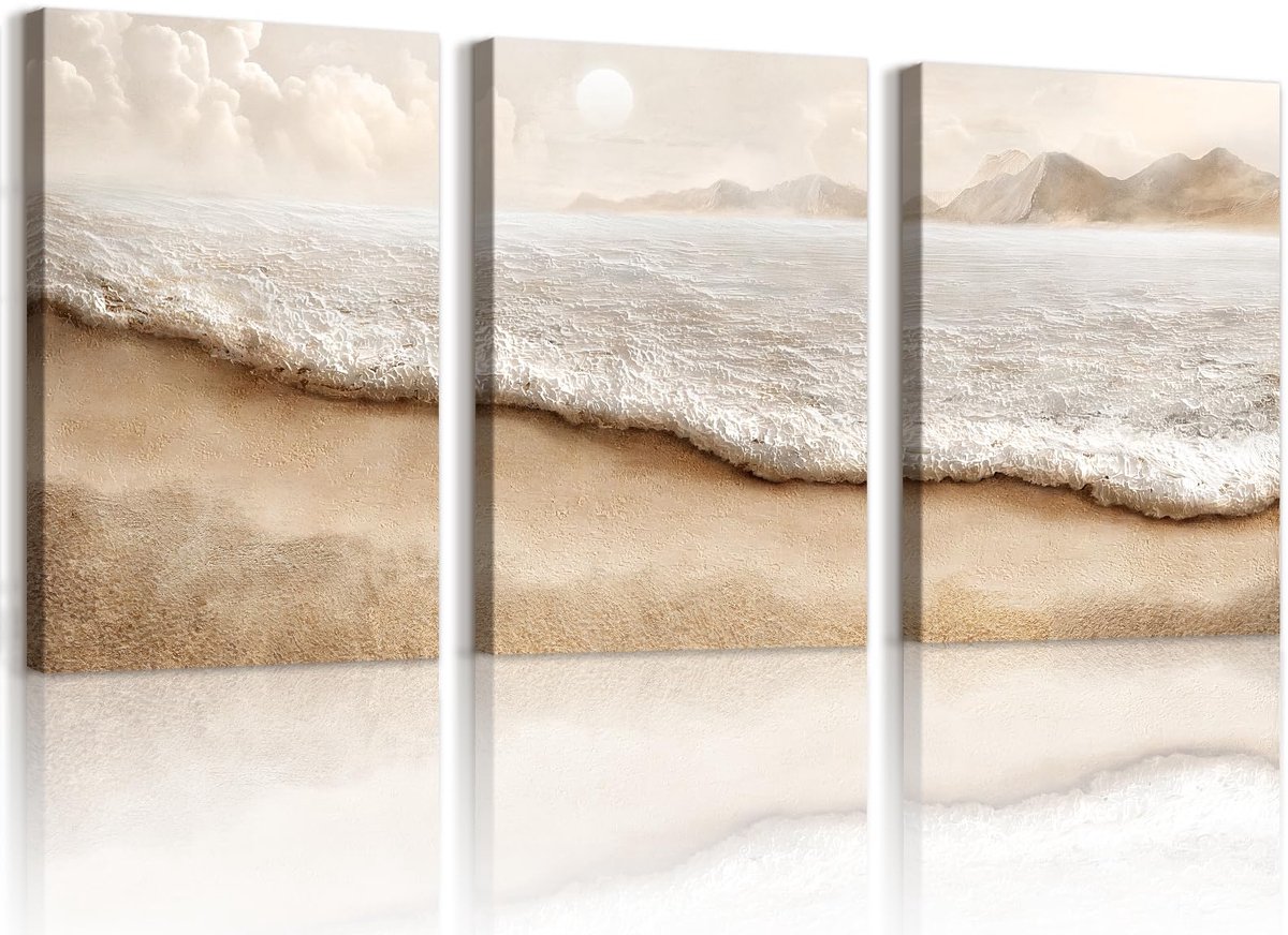 Set van 3 Boho Strandkust Canvas Wanddecoraties Ingelijste Foto's Minimalistische Abstracte Golven aan Zee Schilderij op Canvas voor Moderne Woonkamer Slaapkamer Huis Wanddecoratie 40x60cmx3