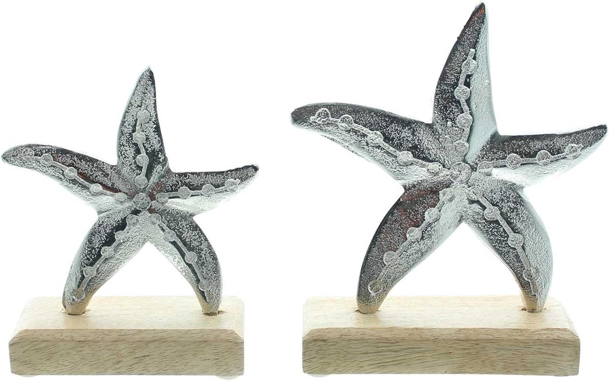 Zeesterren decoratie - Maritieme tafelstuk - Huis decoreren - Handgemaakt mangohout - 15 en 12 cm - Natuurlijk hout