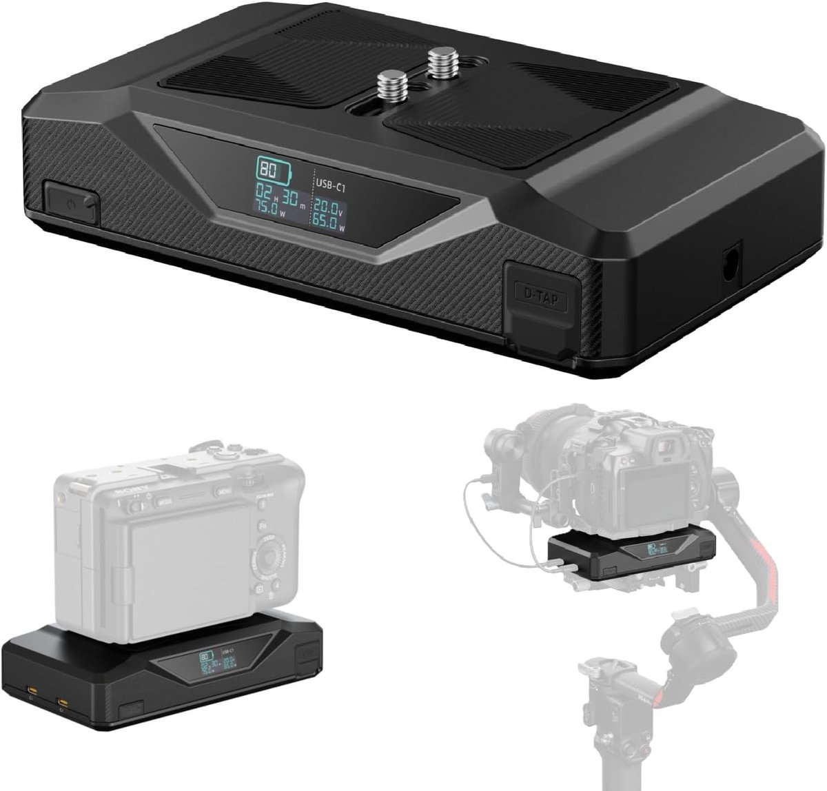 Draagbare Basisbatterij 73.8 Wh / 5000 mAh met 1/4"-20 Schroefdraad, Dual D Aansluiting, 65W USB-C Snelladen en 5-Poorts Uitgang voor Camera's en Statiefgebruik