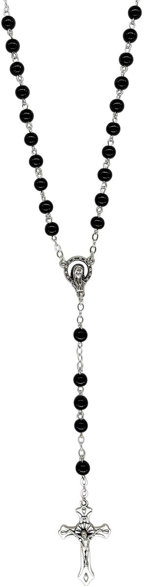 rozenkrans voor heren en dames, zwarte glazen parelketting en verzilverd kruis