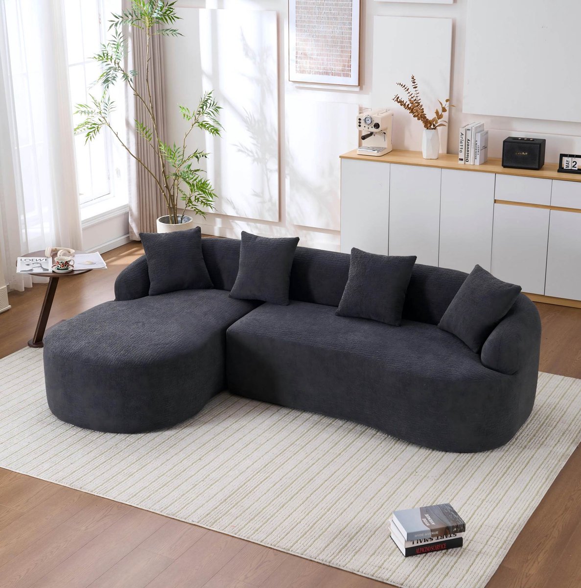 FloraGrace Hoekbank 243 x 150 cm - 3-Zits Gebogen L-Vorm Met Linker Chaise Longue - Zachte Chenille - Voor Woonkamer Of Kantoor - Donkergrijs