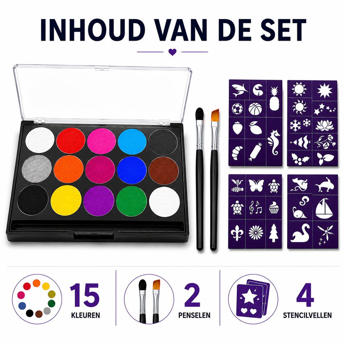Joyage Schmink kinderen & volwassenen - Op waterbasis - Sjablonen en penselen - Schminkset Elf Make up Kinderen - Face paint palette - Grime Halloween Schmink palet wit - Kinderschmink voor grimas - Gezichtsverf grimeren - Smink sinterklaas cadeau — cadeau in Hobby - foto 2