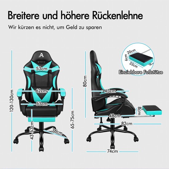 Gamingstoel met massage - Bureaustoel racer - Comfortabel gamen - 8-punts massagefunctie - 180 kg draagkracht - Cyaan — afbeelding 3