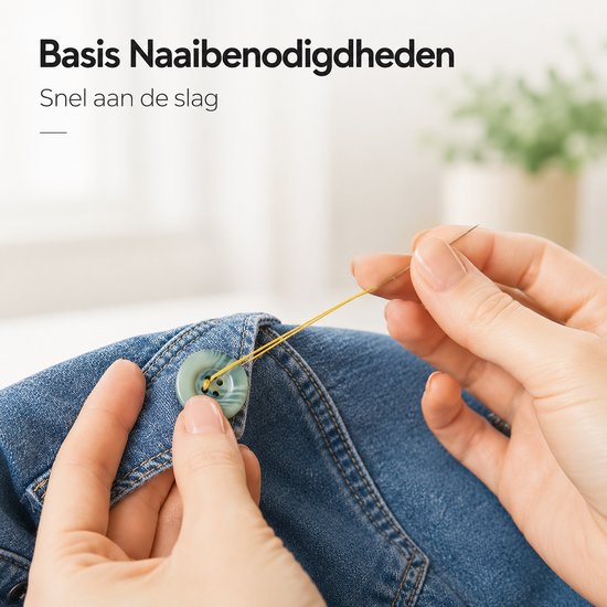 Handen naaien een knoop aan een spijkerbroek met gele draad.