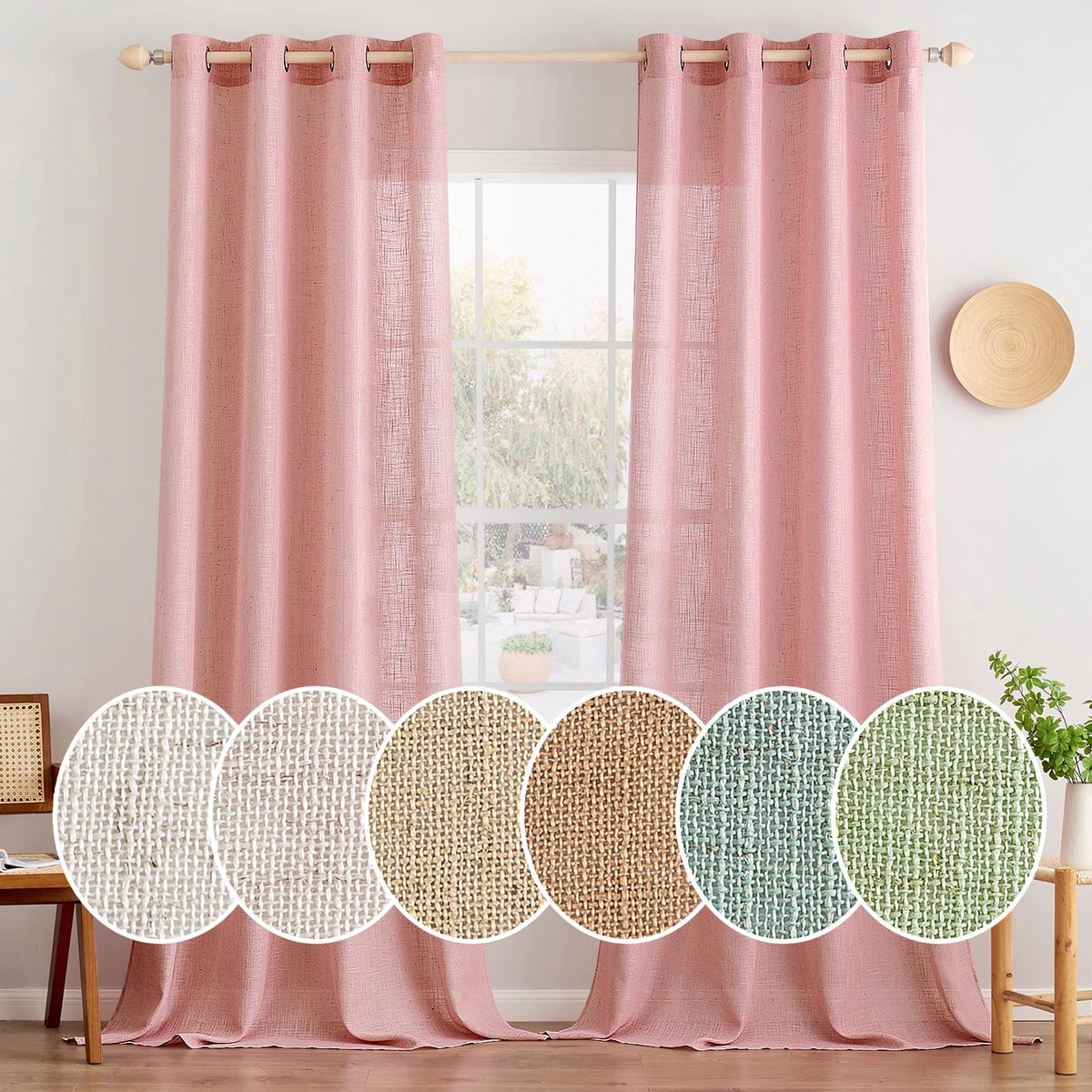 Gordijnen met ingestanste ringen, voile gordijn, kort, modern linnenlook, half-transparant, gordijn met ogen voor woonkamer, kinderkamer, ruimteverdeler, set van 2, roze, 245 x 140 cm