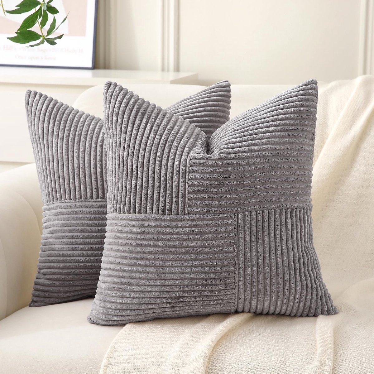 Set van 2 kussenslopen, ribfluweel, 50x50 Hellgrau, pluizig Boho kussensloop, kussenslopen, sofakussen, sierkussen voor bank, decokussen, zacht deco voor bank, bed, sofa, woonkamer