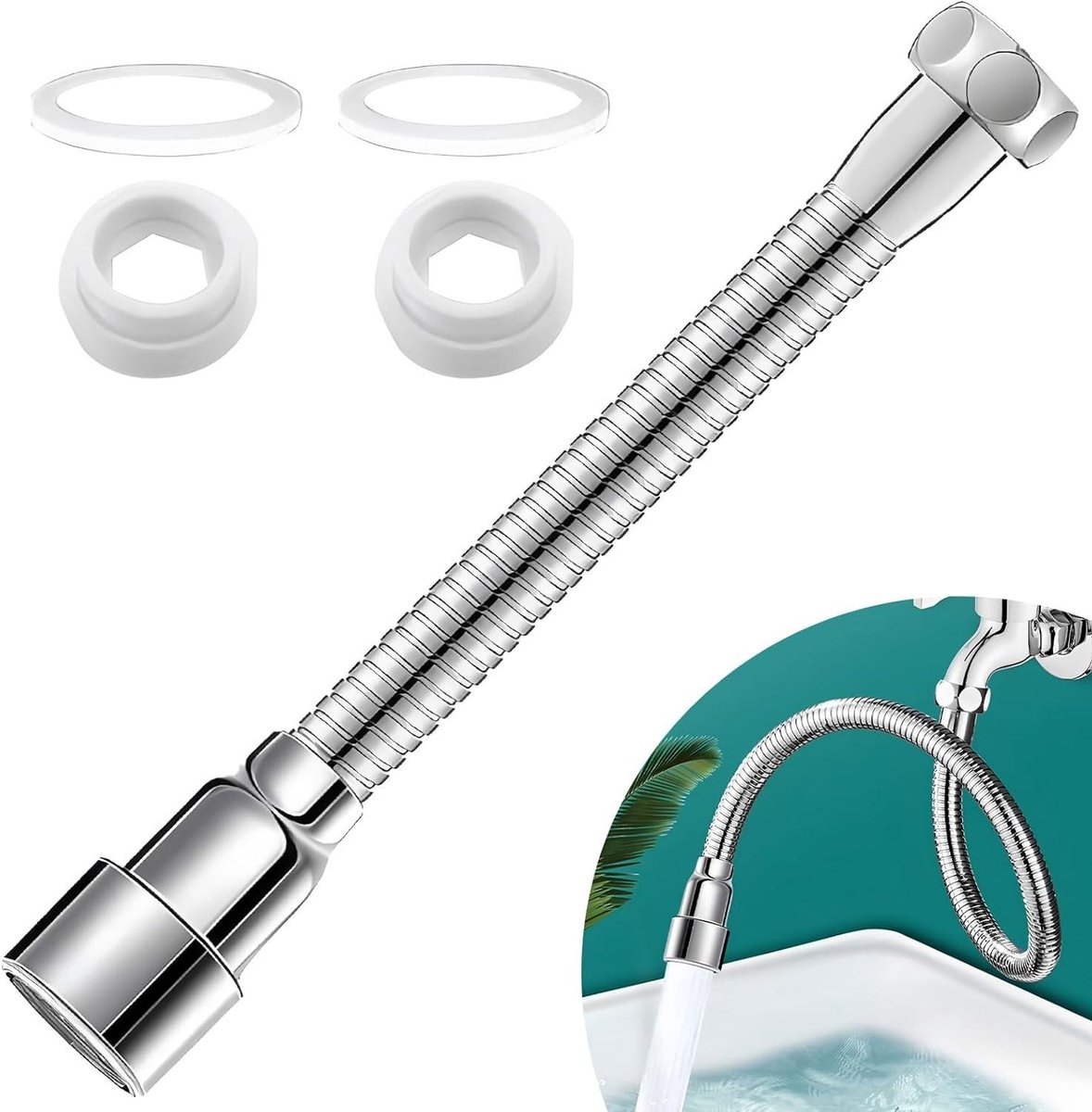 Faucet Extension - 20 cm - Water Tap Extension - 360 Degree Rotating - Stainless Steel - Hose Attachment voor Keuken en Badkamer
