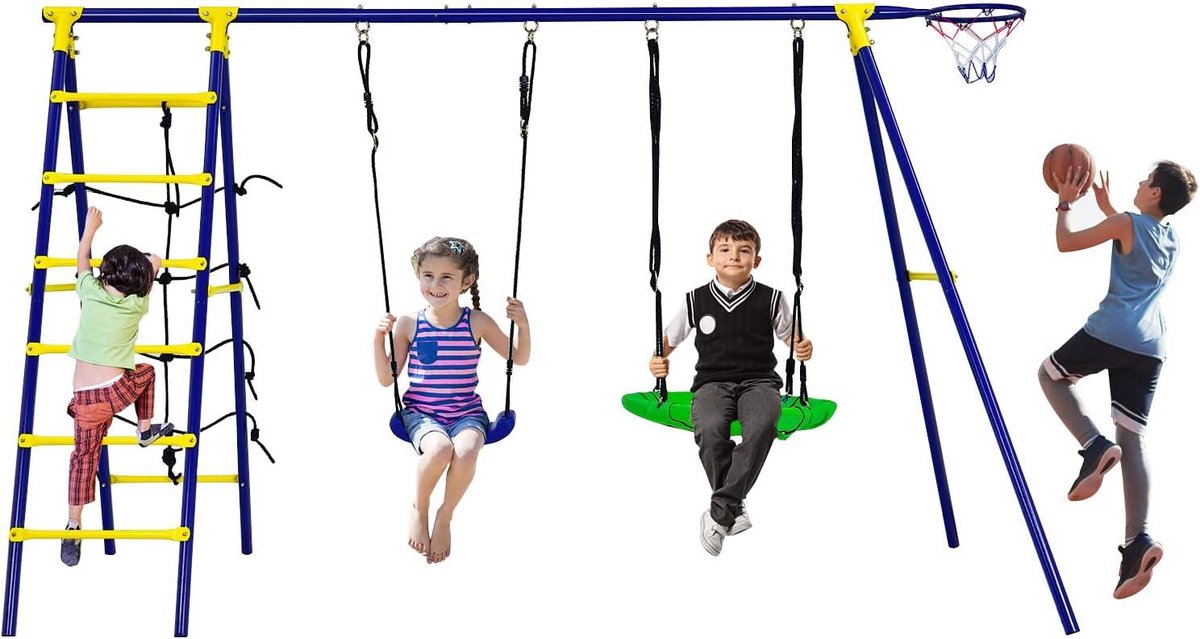 Kinderschommel Speeltoestel - Schommelset Tuin - Actief Buitenspelen - 5-in-1 Combinatie - 294 x 140 x 175 cm - Blauw Geel