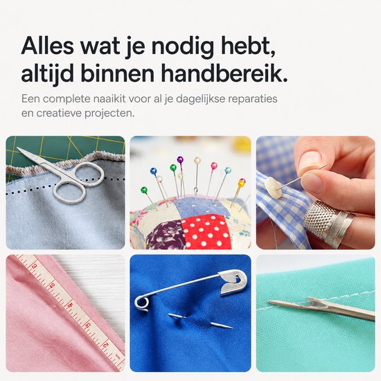 Gedetailleerde foto's van verschillende naaispullen, waaronder een schaar, speldenkussen, naald en draad.