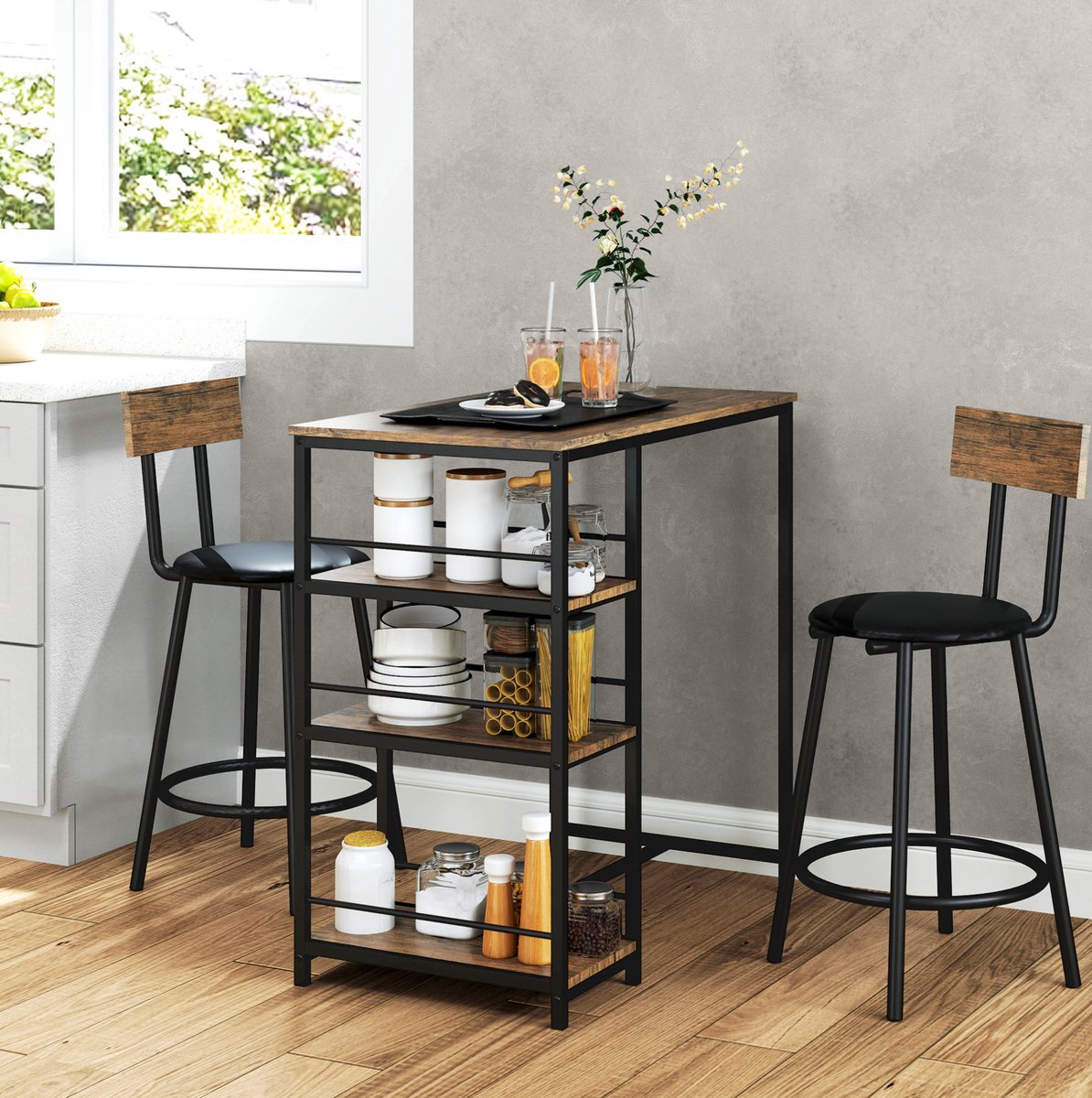 Bartafel Set Met 2 Barkrukken - Modern Design Met 3 Zijplanken - Voor Keuken En Eetruimte - Metaal En Hout - Oak - 90x50x90,5 Cm