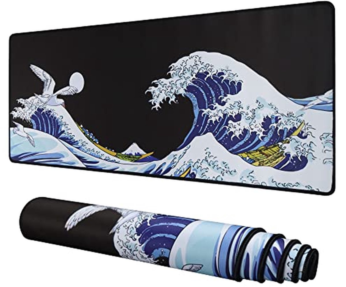 Grote Gaming Muismat - Sea Wave Full Desk Japanse Muismat | Antislip Waterbestendig | XL XXL 31,5 x 11,8 inch
