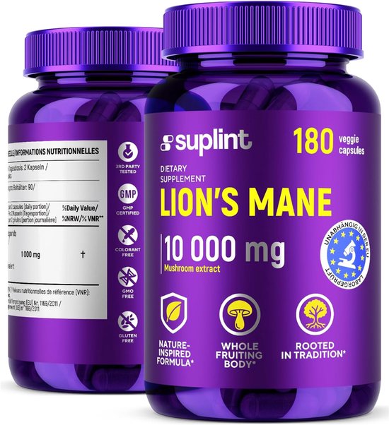 Twee paarse potten Suplint Lion's Mane voedingssupplement met 180 vegetarische capsules. Met labels voor GMP gecertificeerd, glutenvrij en kleurstofvrij.