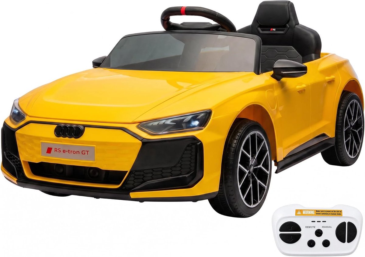 Elektrische kinderauto – met muziek, claxon en koplampen – voertuig op 12V-accu – 3–5 km/u – afstandsbediening – veiligheidsgordel – voor kinderen vanaf 3 jaar – A.U., D, I RS E-Tron GT-ontwerp - geel