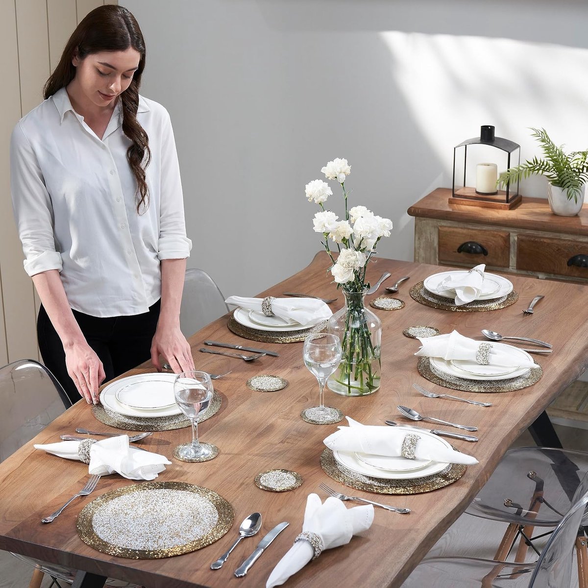 Placemat Onderzetter Set - Tafeldecoratie - Dineren met stijl - Handgemaakt met kralen - 18 Delig - Goud Wit